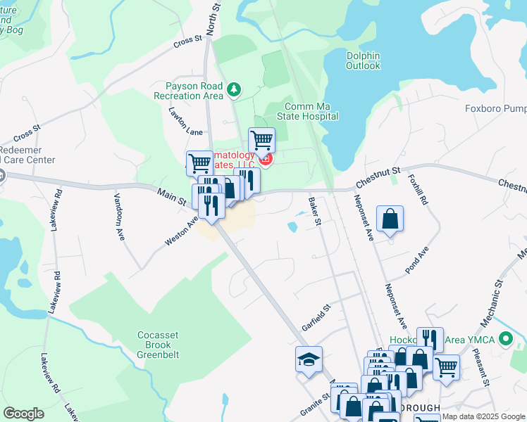 map of restaurants, bars, coffee shops, grocery stores, and more near 29 Chestnut Street in Foxborough