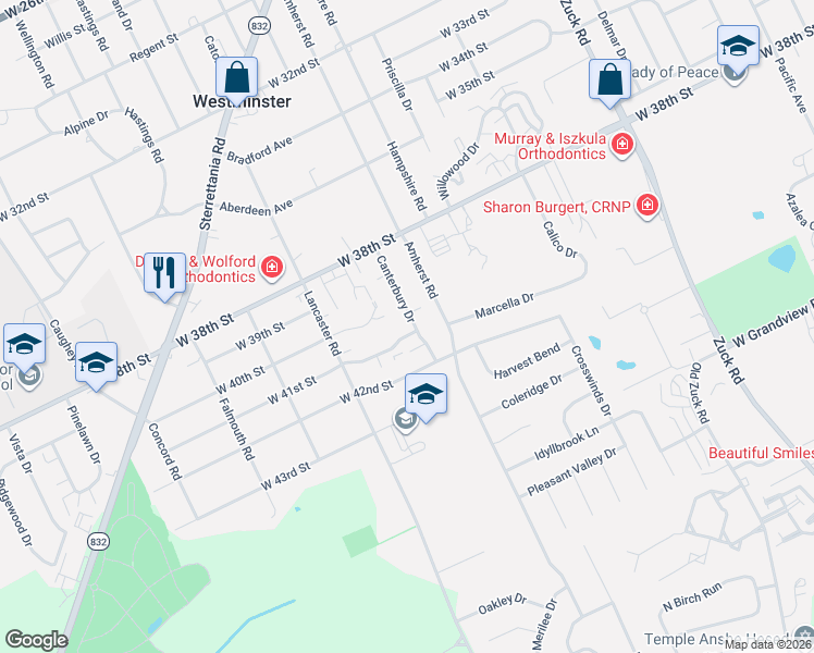 map of restaurants, bars, coffee shops, grocery stores, and more near 4009 Canterbury Drive in Erie