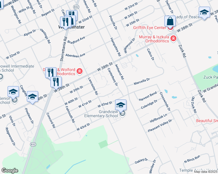 map of restaurants, bars, coffee shops, grocery stores, and more near 3122 West 40th Street in Erie