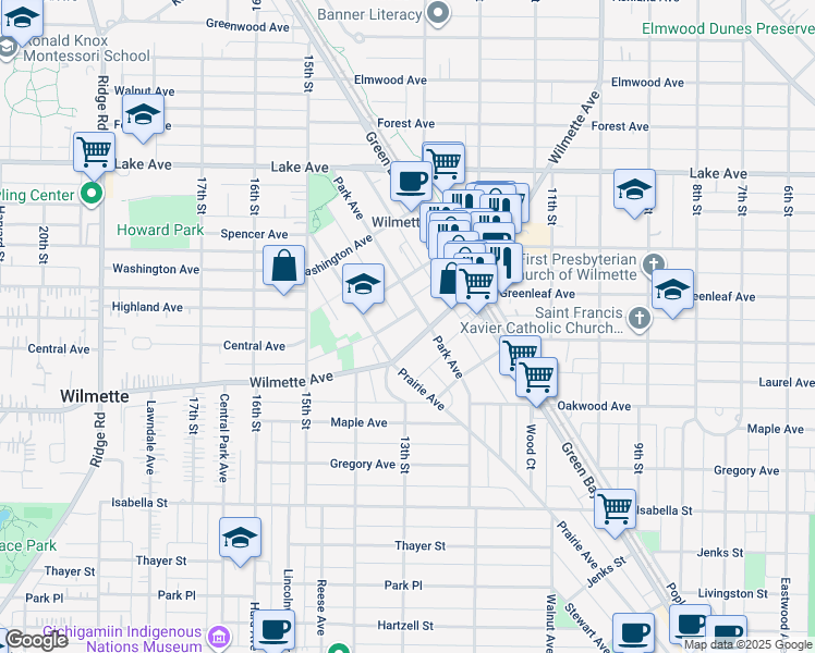 map of restaurants, bars, coffee shops, grocery stores, and more near 633 Park Avenue in Wilmette
