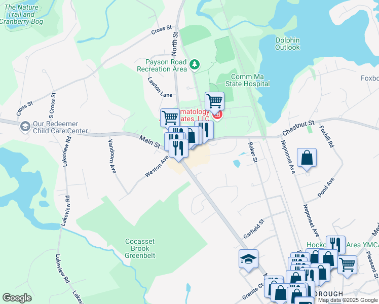 map of restaurants, bars, coffee shops, grocery stores, and more near 121 Main Street in Foxborough