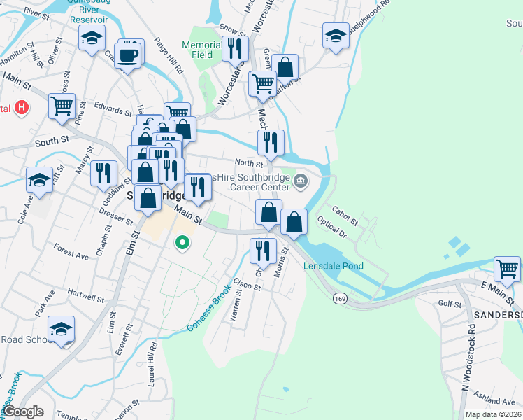 map of restaurants, bars, coffee shops, grocery stores, and more near 33 Crystal Street in Southbridge