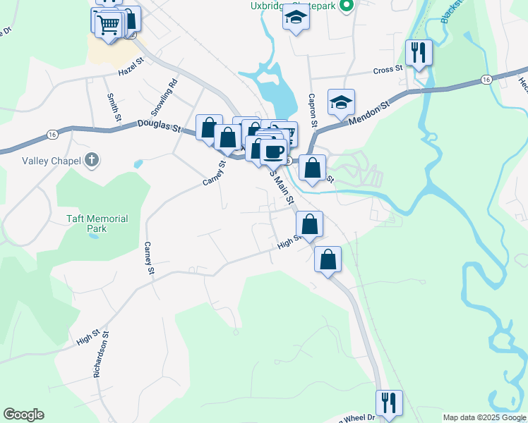 map of restaurants, bars, coffee shops, grocery stores, and more near 30 Pleasant Street in Uxbridge