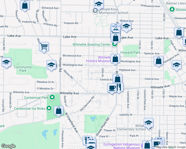 map of restaurants, bars, coffee shops, grocery stores, and more near 2033 Highland Avenue in Wilmette