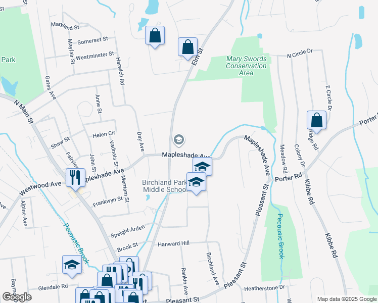 map of restaurants, bars, coffee shops, grocery stores, and more near 144 Mapleshade Avenue in East Longmeadow
