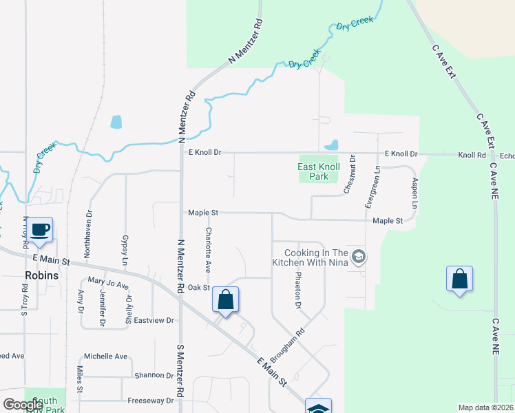 map of restaurants, bars, coffee shops, grocery stores, and more near 1405 Maple Street in Robins