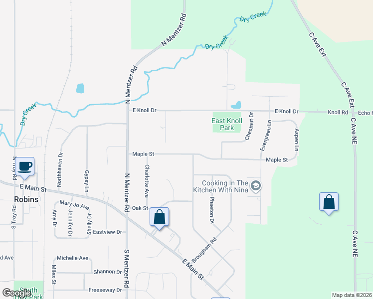map of restaurants, bars, coffee shops, grocery stores, and more near 1405 Maple Street in Robins
