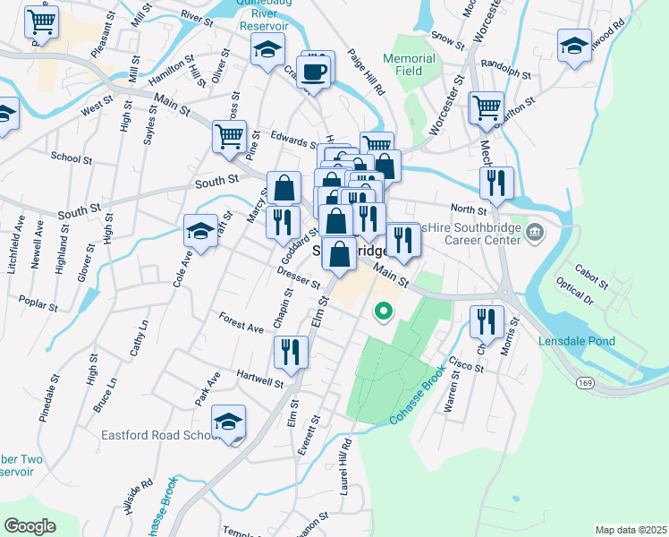 map of restaurants, bars, coffee shops, grocery stores, and more near 24 Elm Street in Southbridge