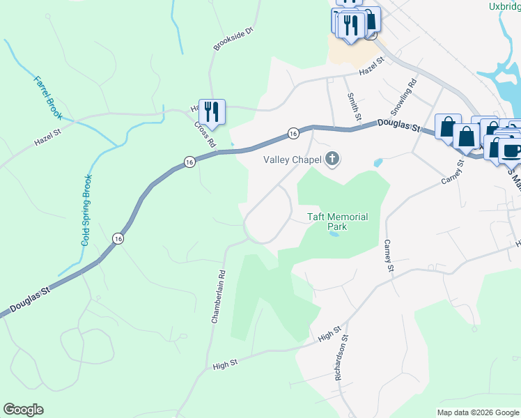 map of restaurants, bars, coffee shops, grocery stores, and more near 83 Hunter Road in Uxbridge