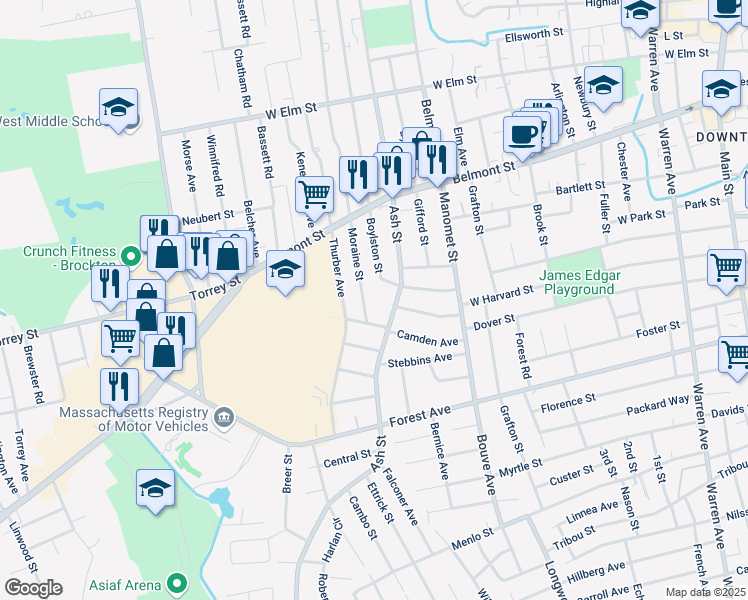 map of restaurants, bars, coffee shops, grocery stores, and more near 404 Moraine Street in Brockton