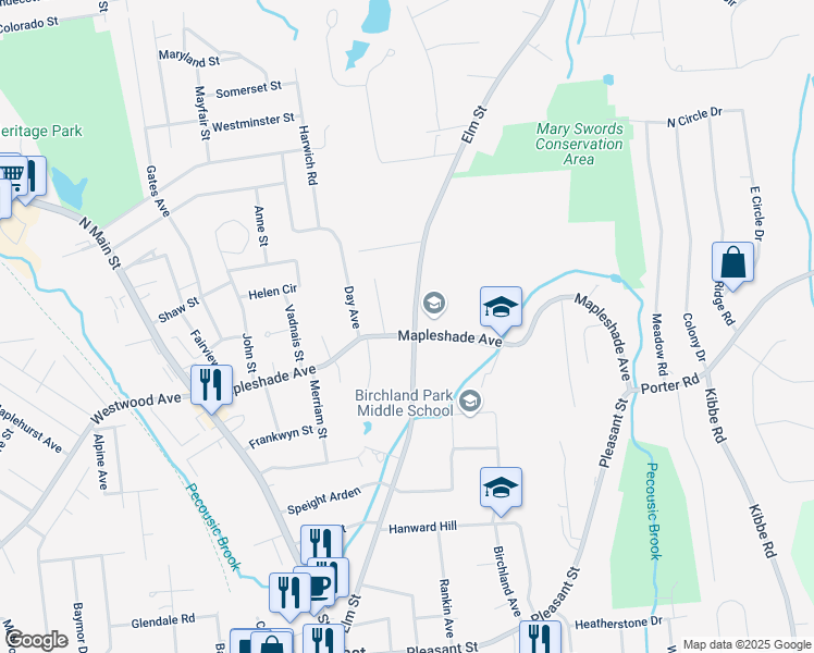 map of restaurants, bars, coffee shops, grocery stores, and more near 188 Elm Street in East Longmeadow