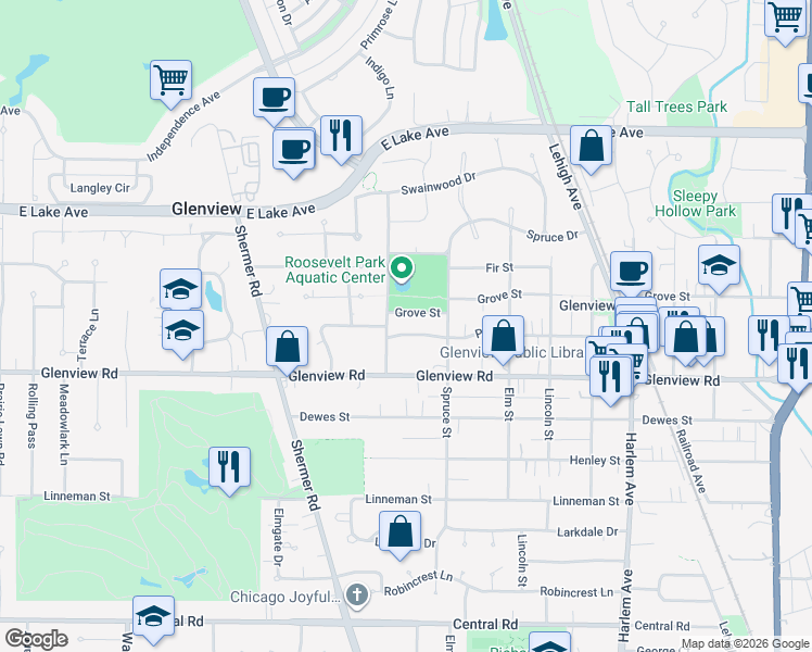 map of restaurants, bars, coffee shops, grocery stores, and more near 2238 Prairie Street in Glenview