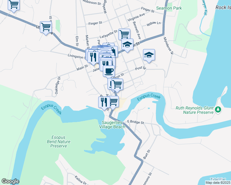 map of restaurants, bars, coffee shops, grocery stores, and more near Partition Street & Montgomery Street in Saugerties