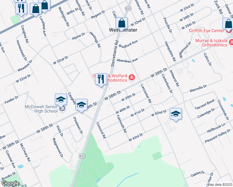 map of restaurants, bars, coffee shops, grocery stores, and more near 3322 West 38th Street in Erie