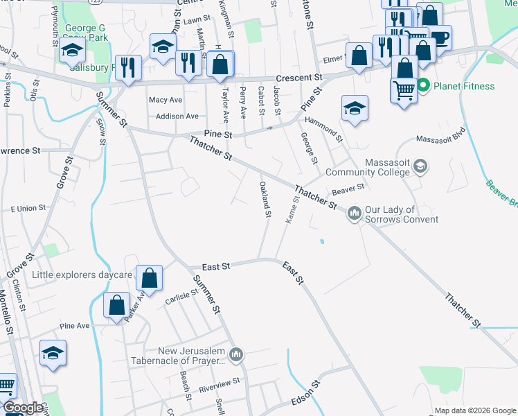 map of restaurants, bars, coffee shops, grocery stores, and more near 48 Oakland Street in Brockton