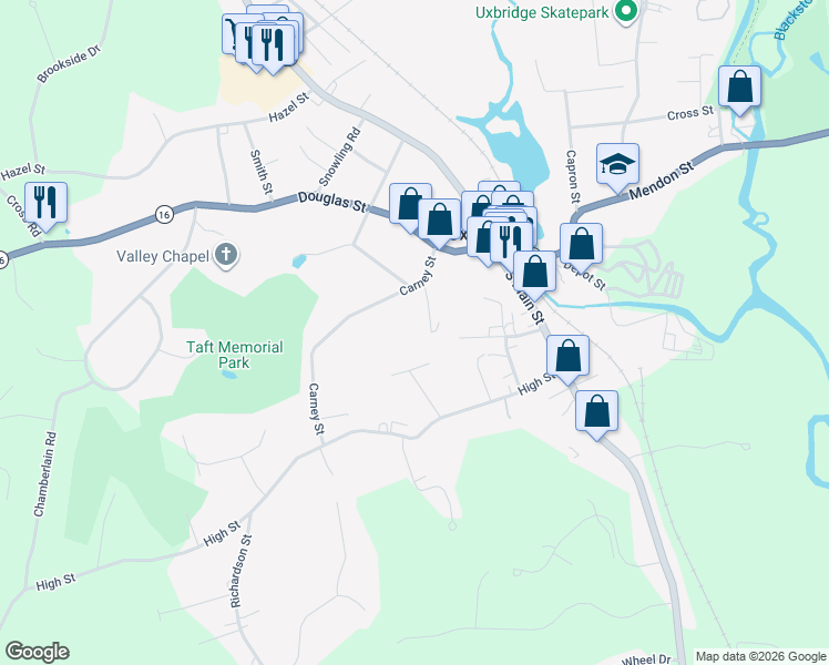 map of restaurants, bars, coffee shops, grocery stores, and more near in Uxbridge