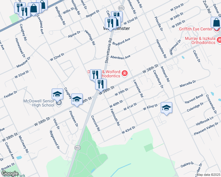 map of restaurants, bars, coffee shops, grocery stores, and more near 3322 West 38th Street in Erie