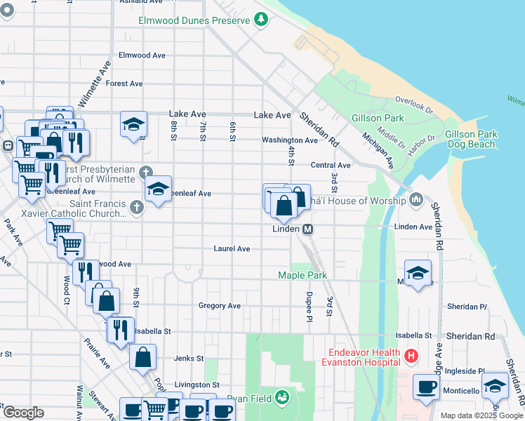 map of restaurants, bars, coffee shops, grocery stores, and more near 419 Greenleaf Avenue in Wilmette