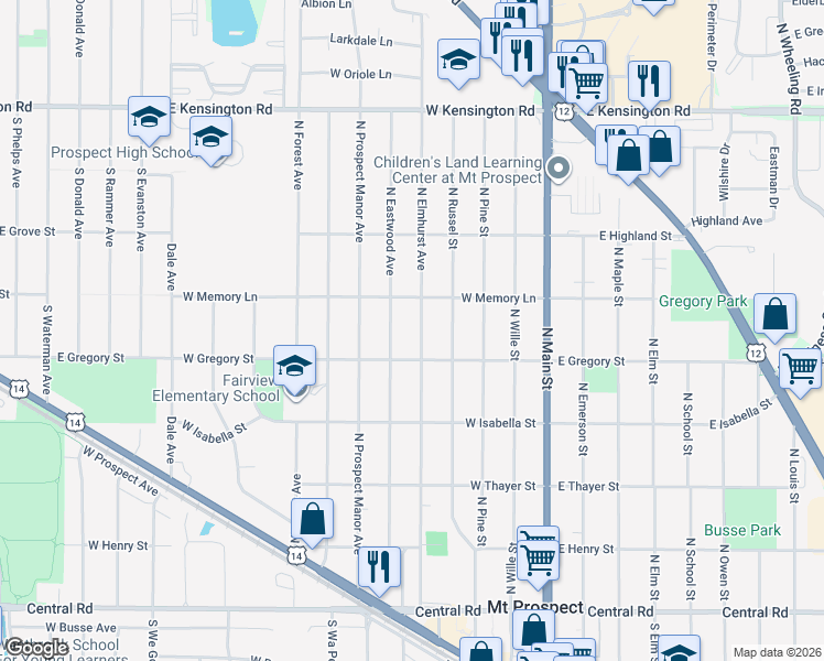 map of restaurants, bars, coffee shops, grocery stores, and more near 418 North Elmhurst Avenue in Mount Prospect