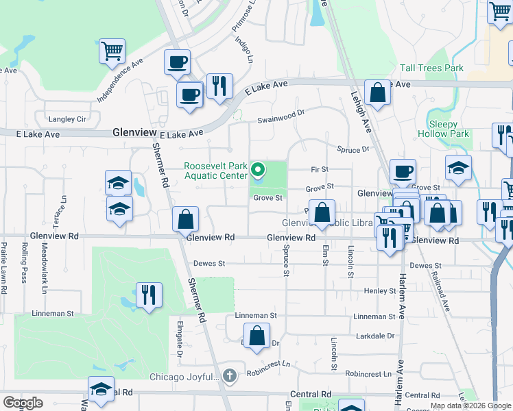 map of restaurants, bars, coffee shops, grocery stores, and more near 2238 Prairie Street in Glenview