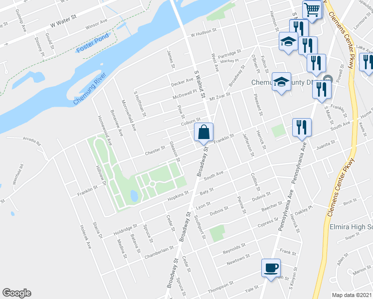 map of restaurants, bars, coffee shops, grocery stores, and more near 614 Franklin Street in Elmira