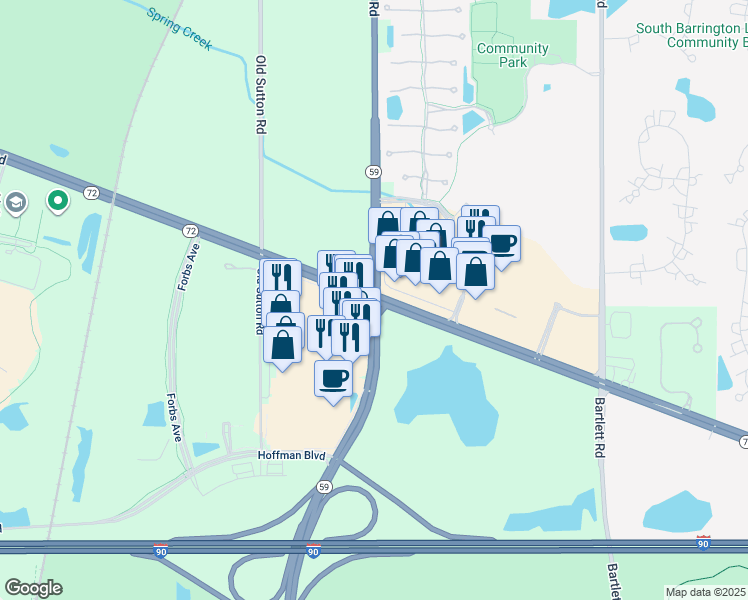 map of restaurants, bars, coffee shops, grocery stores, and more near Illinois 59 & Illinois 72 in Hoffman Estates