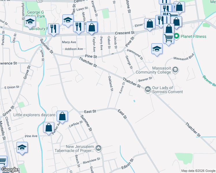 map of restaurants, bars, coffee shops, grocery stores, and more near 48 Oakland Street in Brockton