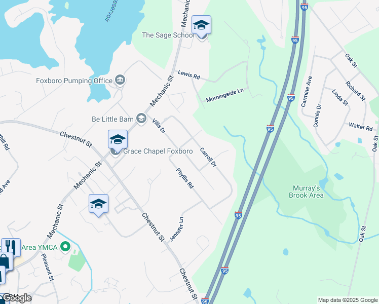 map of restaurants, bars, coffee shops, grocery stores, and more near 27 Carroll Drive in Foxborough