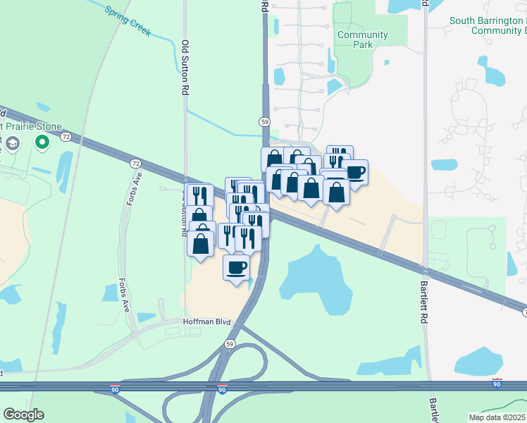 map of restaurants, bars, coffee shops, grocery stores, and more near Illinois 59 & Illinois 72 in Hoffman Estates