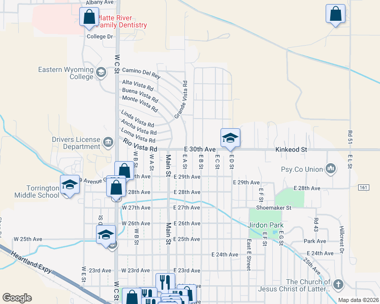 map of restaurants, bars, coffee shops, grocery stores, and more near Uno Vista Rd in Torrington