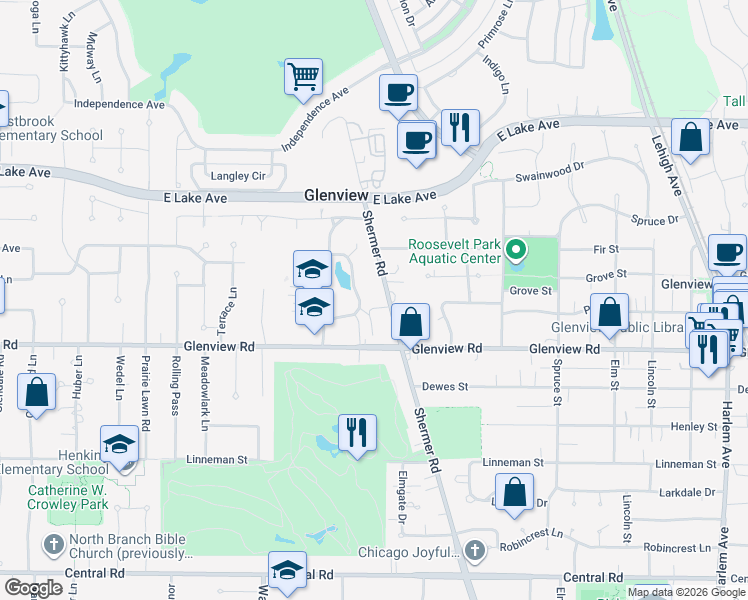 map of restaurants, bars, coffee shops, grocery stores, and more near 1110 Shermer Road in Glenview
