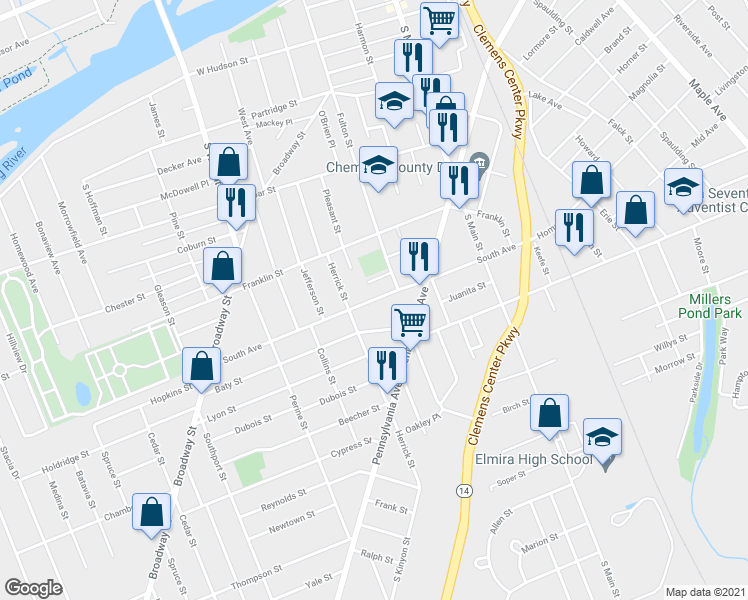 map of restaurants, bars, coffee shops, grocery stores, and more near 311 Elmira Street in Elmira