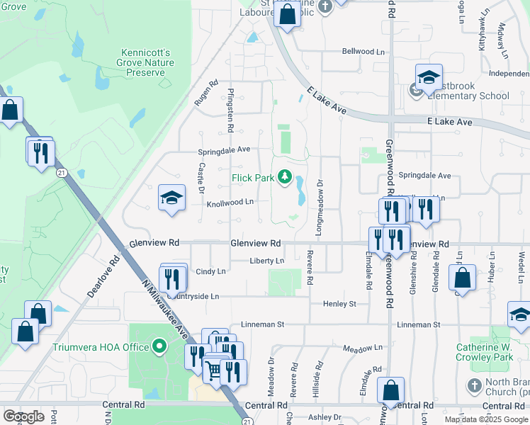 map of restaurants, bars, coffee shops, grocery stores, and more near 3714 Knollwood Lane in Glenview