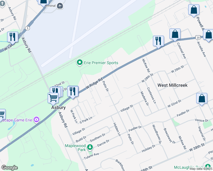 map of restaurants, bars, coffee shops, grocery stores, and more near 2637 Patio Drive in Erie