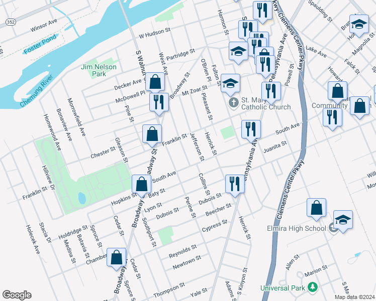 map of restaurants, bars, coffee shops, grocery stores, and more near 515 Balsam Street in Elmira