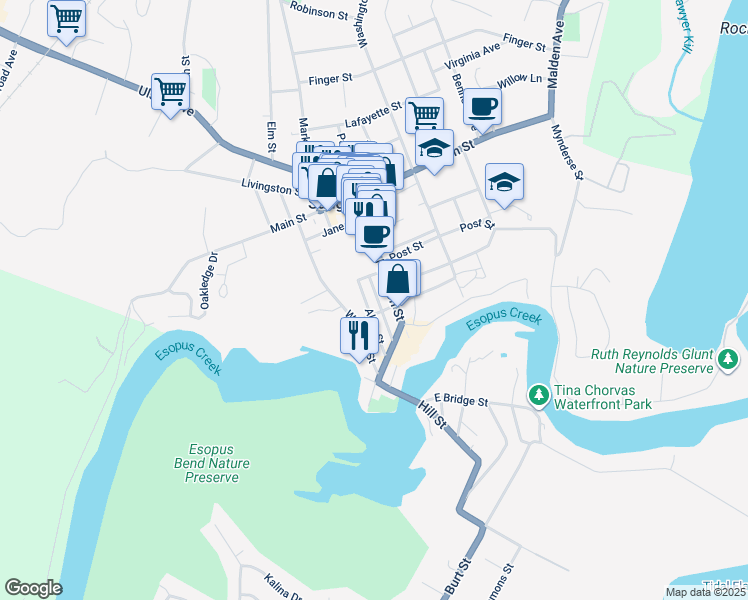 map of restaurants, bars, coffee shops, grocery stores, and more near 210 Partition Street in Saugerties
