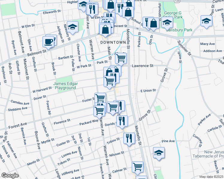 map of restaurants, bars, coffee shops, grocery stores, and more near 512 Main Street in Brockton