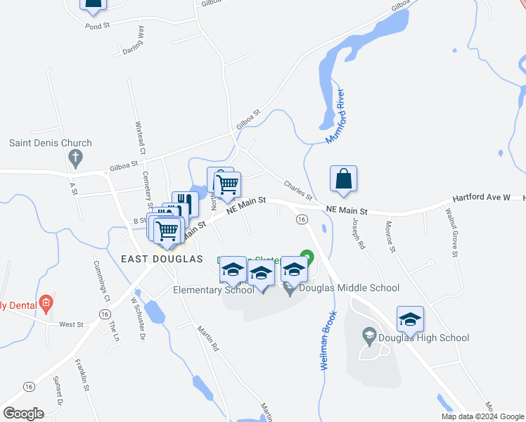 map of restaurants, bars, coffee shops, grocery stores, and more near 410 Northeast Main Street in Douglas