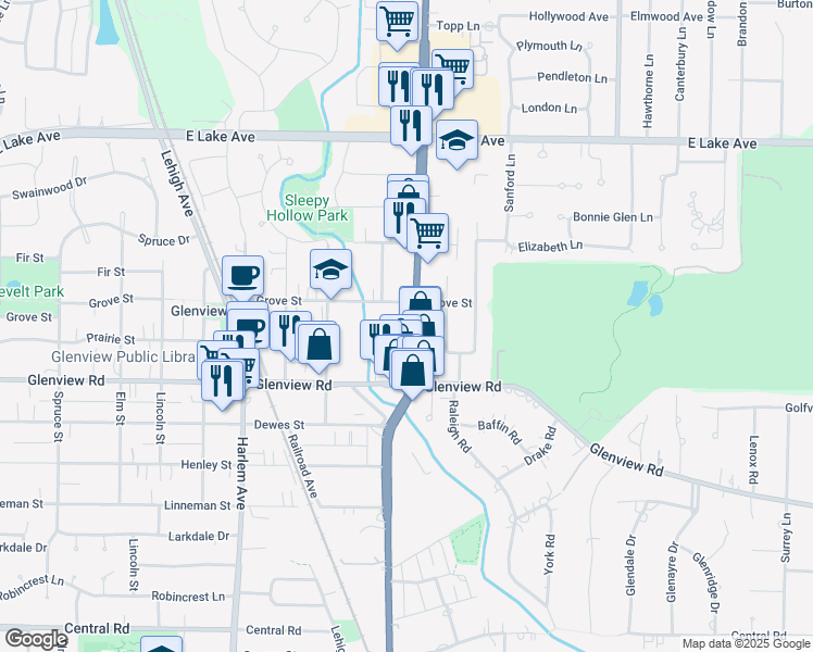 map of restaurants, bars, coffee shops, grocery stores, and more near 1132 Waukegan Road in Glenview