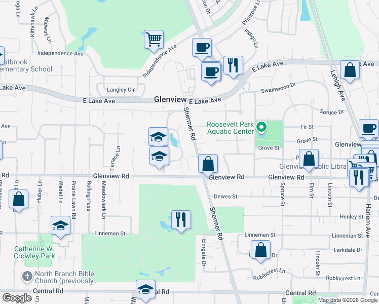 map of restaurants, bars, coffee shops, grocery stores, and more near 1110 Shermer Road in Glenview