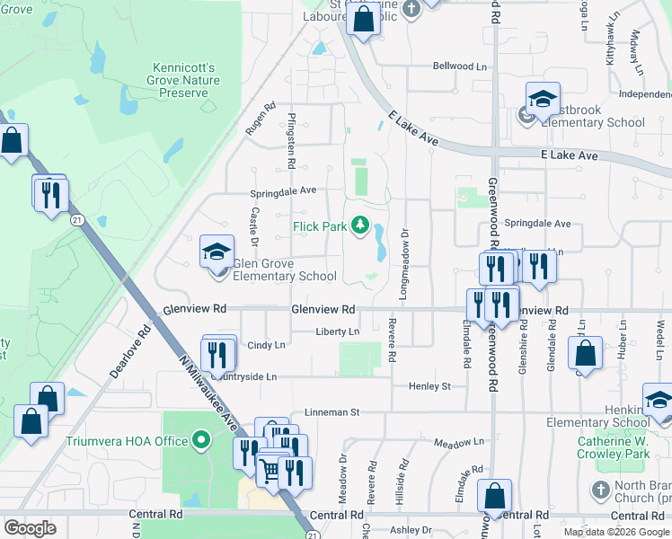 map of restaurants, bars, coffee shops, grocery stores, and more near 3714 Knollwood Lane in Glenview