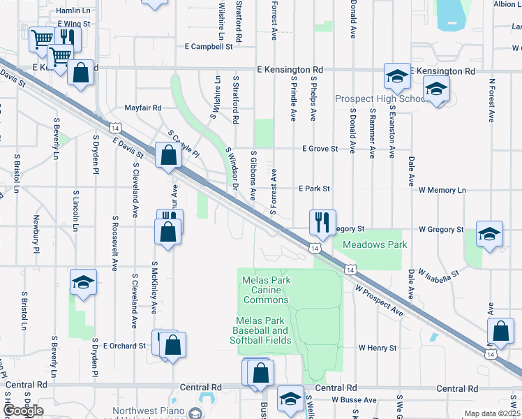 map of restaurants, bars, coffee shops, grocery stores, and more near 515 South Forrest Avenue in Arlington Heights
