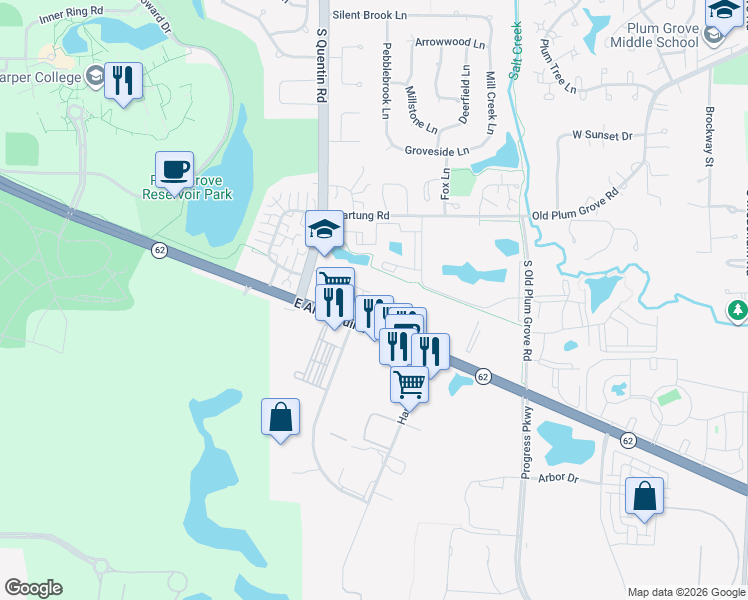 map of restaurants, bars, coffee shops, grocery stores, and more near 670 East Algonquin Road in Schaumburg