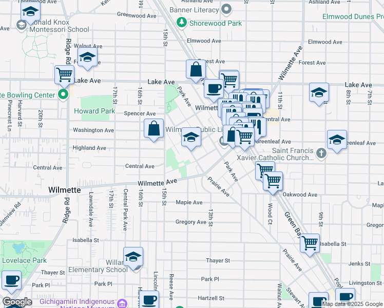 map of restaurants, bars, coffee shops, grocery stores, and more near 649 Prairie Avenue in Wilmette