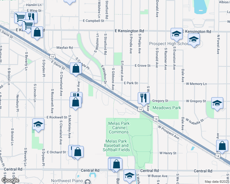 map of restaurants, bars, coffee shops, grocery stores, and more near 1714 Frontage Road in Arlington Heights