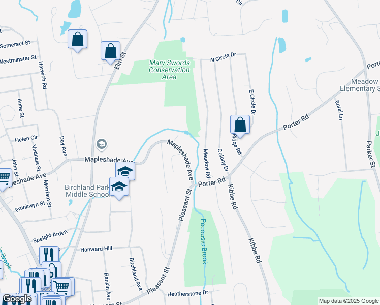 map of restaurants, bars, coffee shops, grocery stores, and more near 44 Meadow Rd in East Longmeadow
