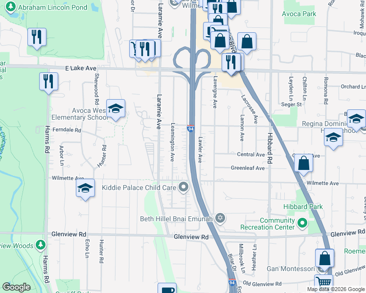 map of restaurants, bars, coffee shops, grocery stores, and more near 609 Leclaire Avenue in Wilmette