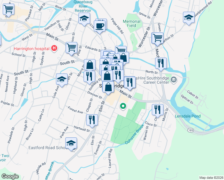 map of restaurants, bars, coffee shops, grocery stores, and more near in Southbridge