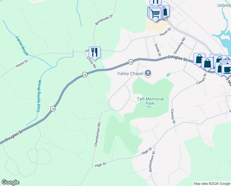 map of restaurants, bars, coffee shops, grocery stores, and more near 83 Hunter Road in Uxbridge
