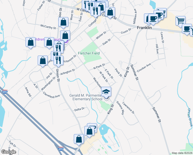 map of restaurants, bars, coffee shops, grocery stores, and more near 26 West Park Street in Franklin